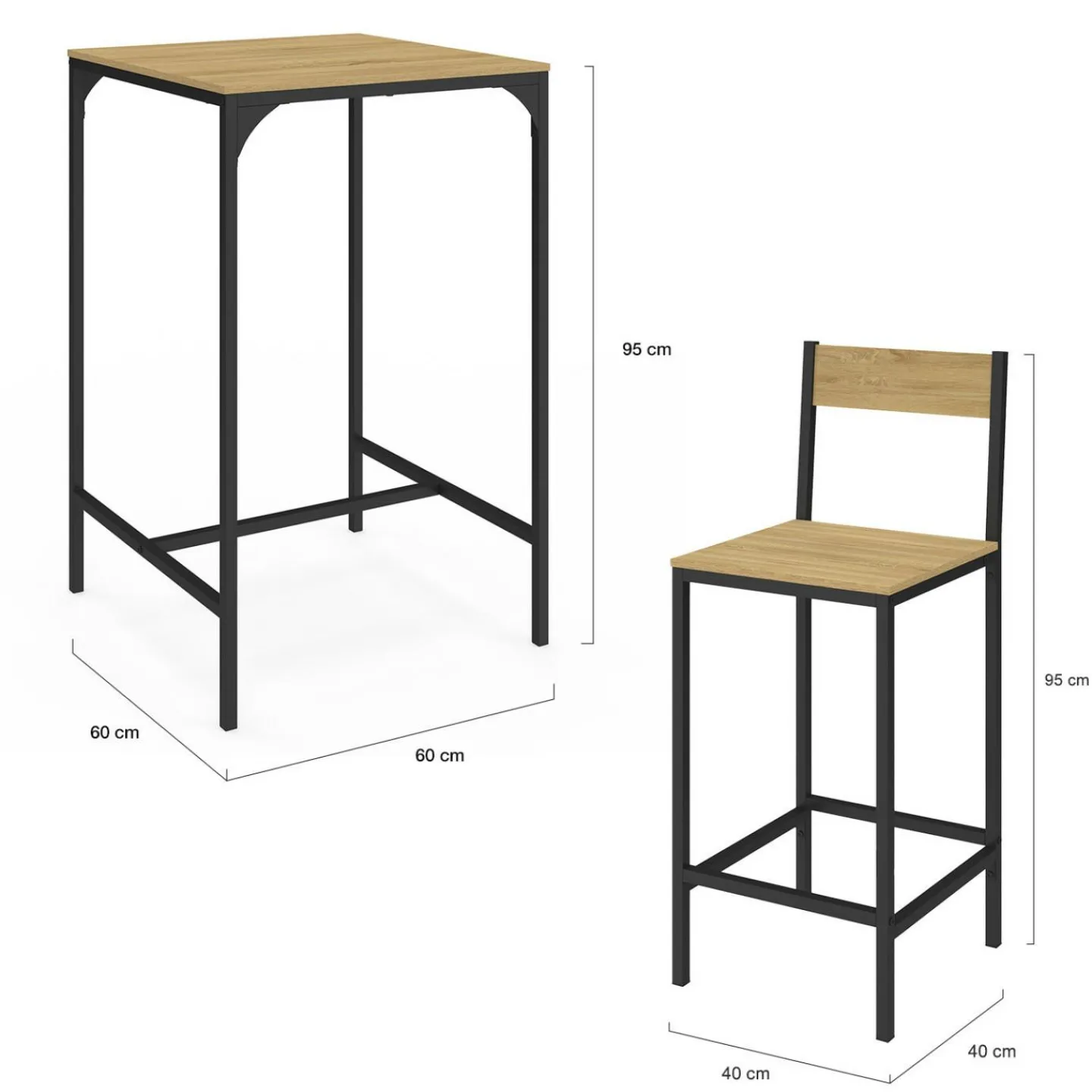 Ensemble table de bar carrée 60 cm et 2 chaises de bar design industriel*IDMarket Hot