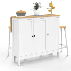 Ensemble table de bar ilot et 2 tabourets bois blanc plateau façon hêtre*IDMarket New