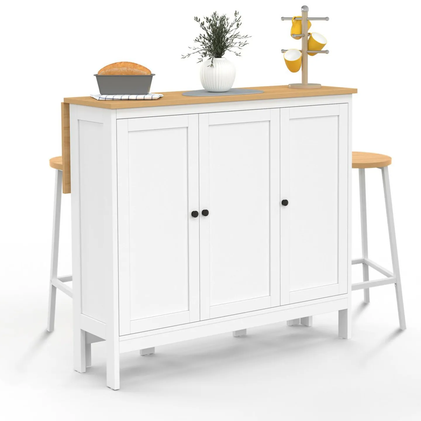 Ensemble table de bar ilot et 2 tabourets bois blanc plateau façon hêtre*IDMarket New