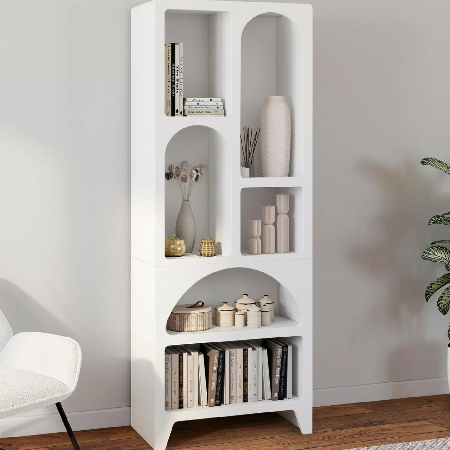 Etagère bibliothèque 6 compartiments style organique bois blanc*IDMarket Clearance