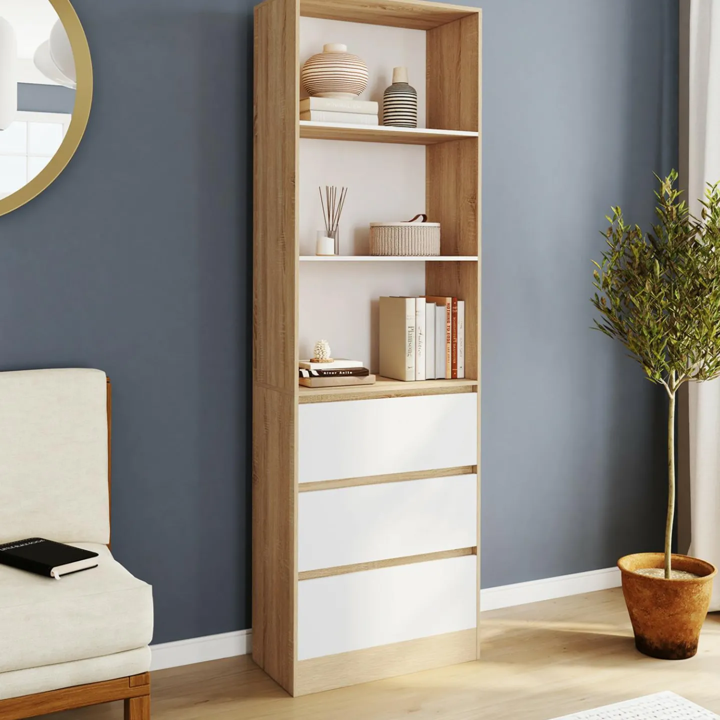 Etagère bibliothèque 3 niveaux 3 tiroirs blanc et effet bois*IDMarket Sale