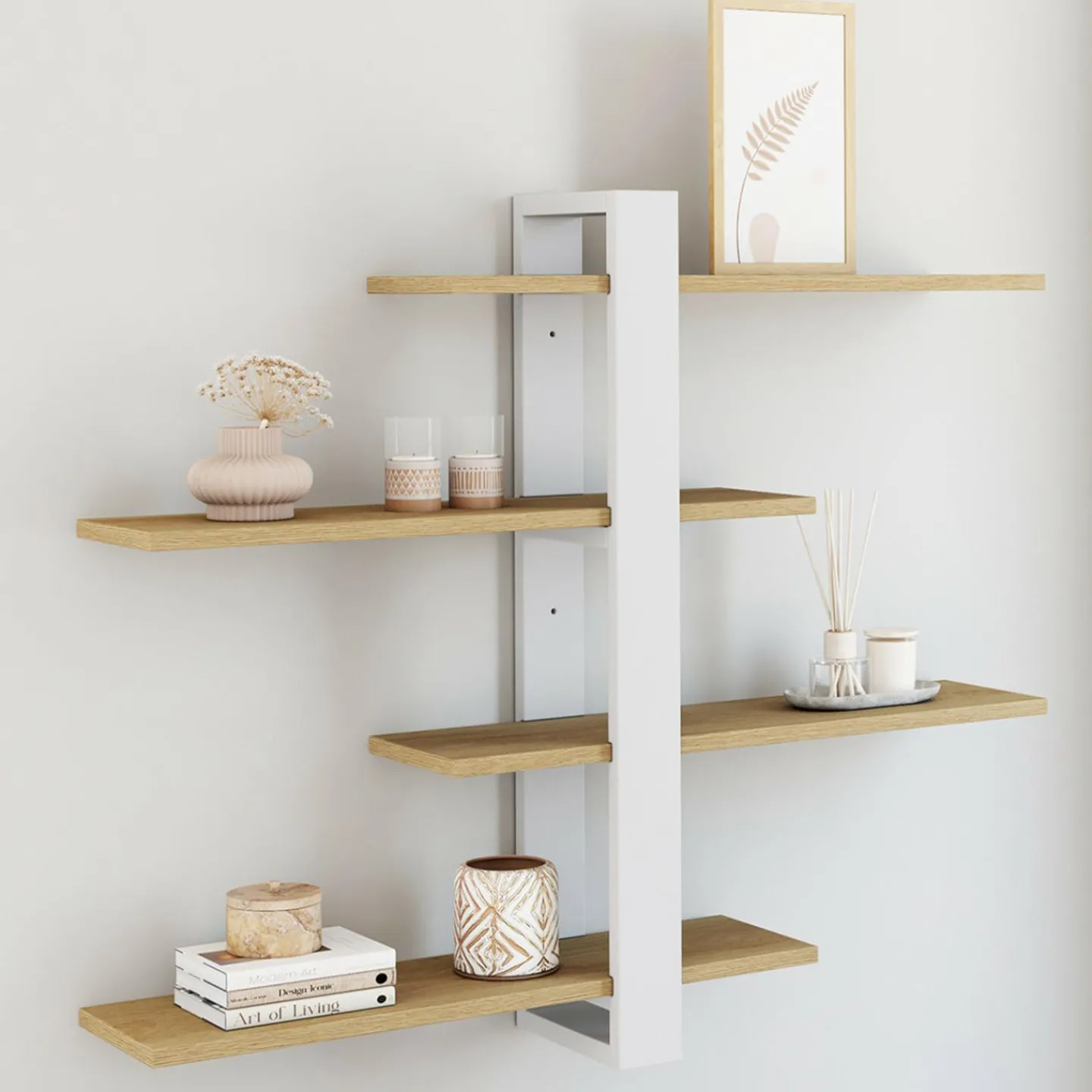 Etagère murale avec étagères coulissantes ORA 4 niveaux façon hêtre et blanc*IDMarket