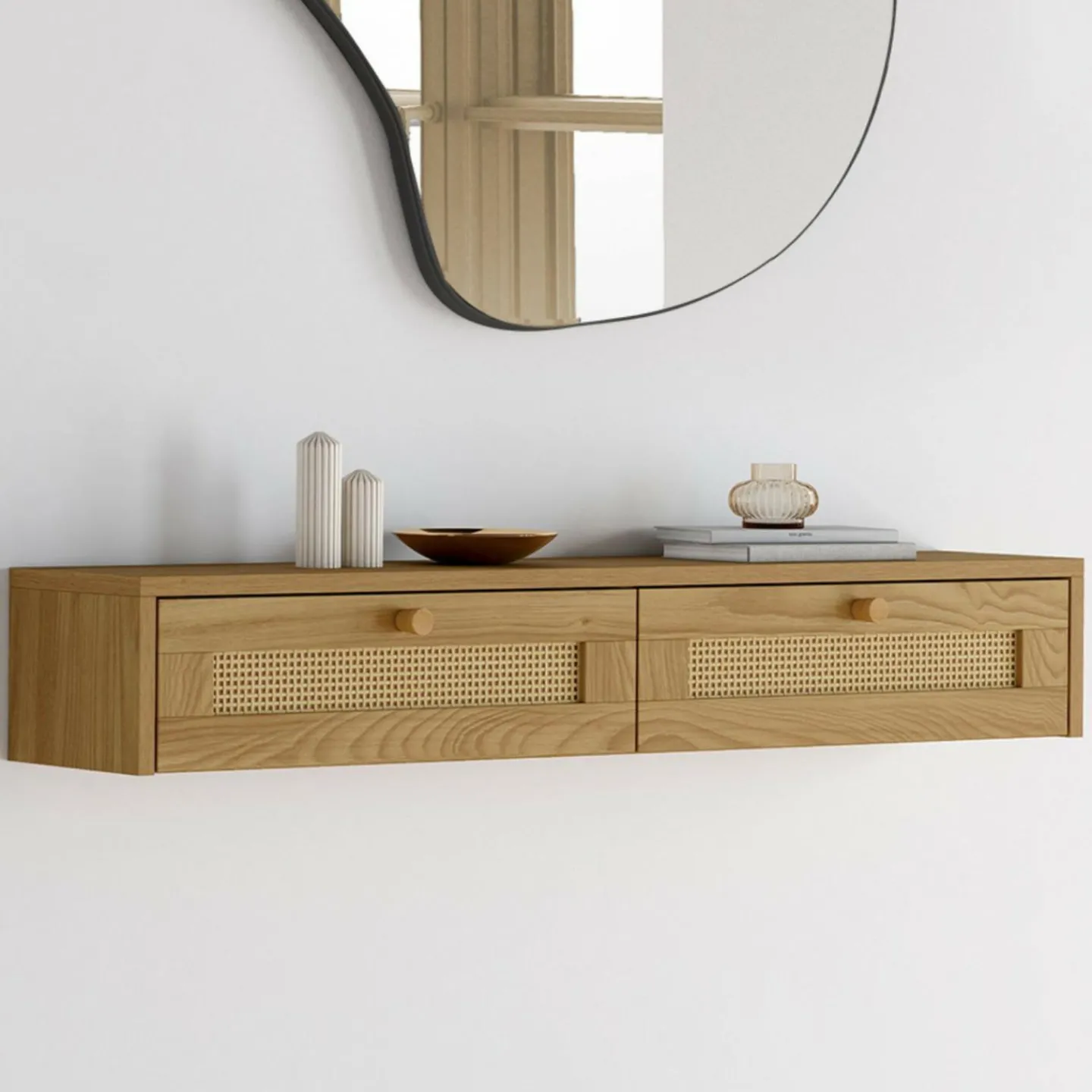 Etagère murale console d'entrée 2 tiroirs effet naturel cannage*IDMarket New