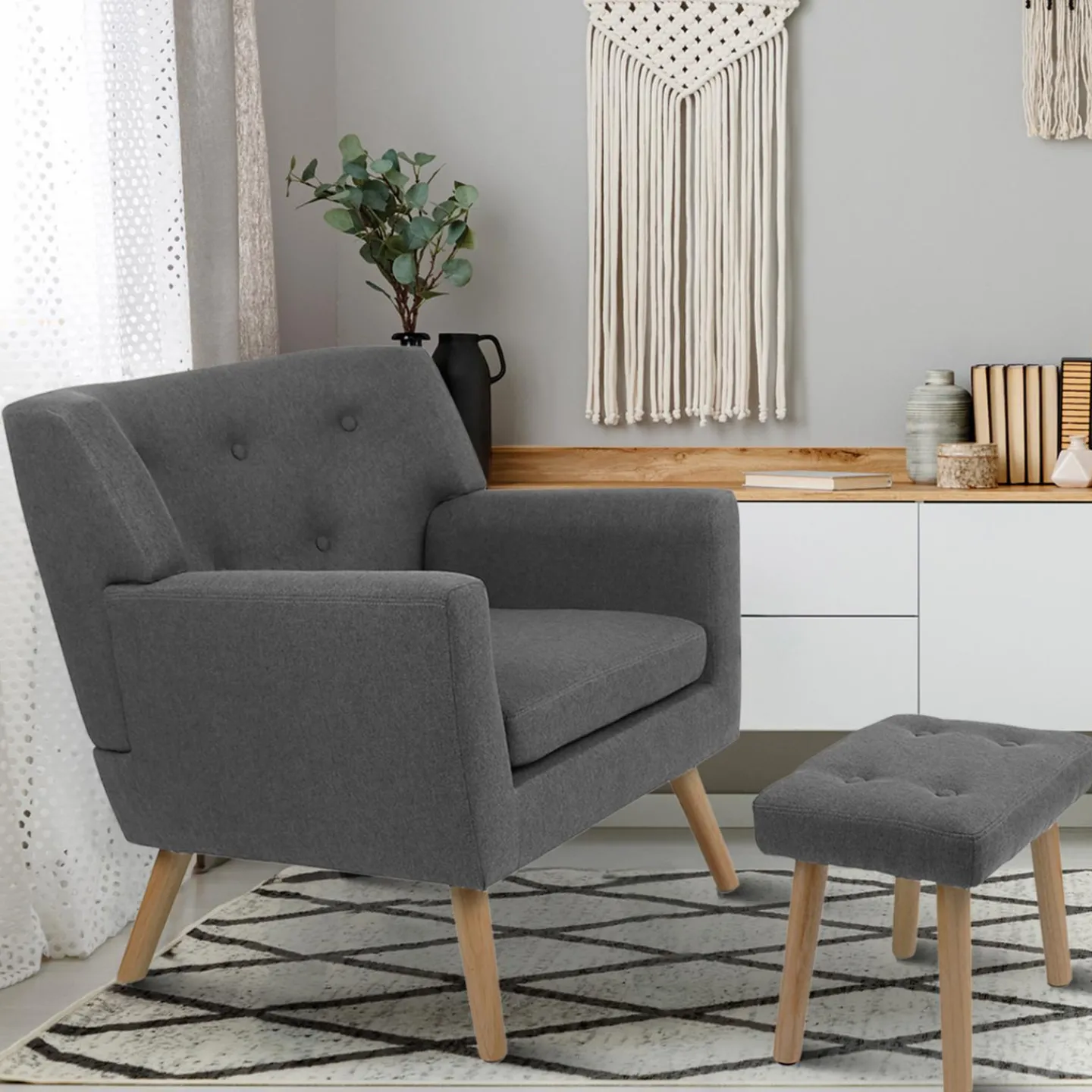 Fauteuil avec repose pieds en tissu gris anthracite style scandinave*IDMarket Sale