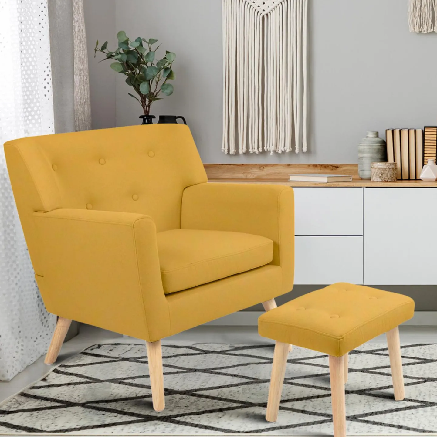 Fauteuil avec repose pieds en tissu jaune style scandinave*IDMarket Clearance