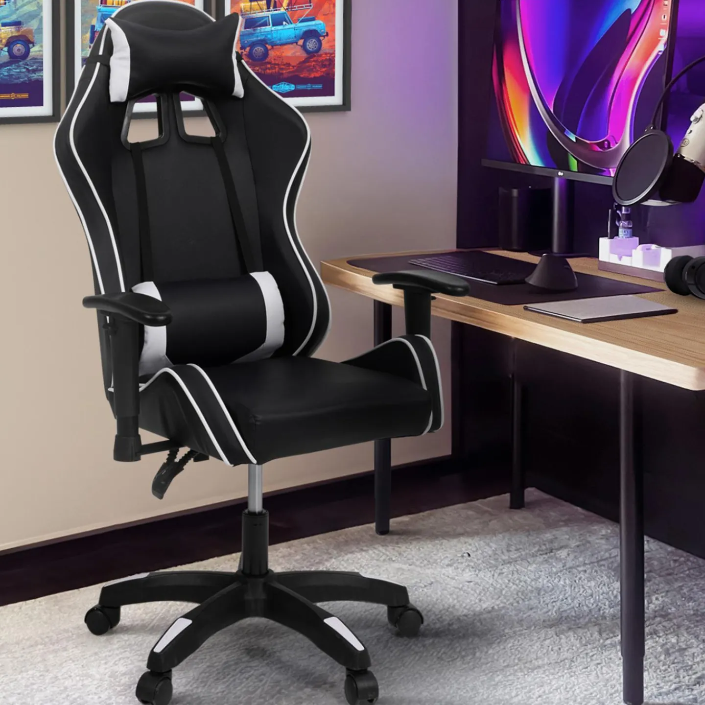 Fauteuil gamer noir et blanc réglable et inclinable accoudoirs pivotants*IDMarket Clearance