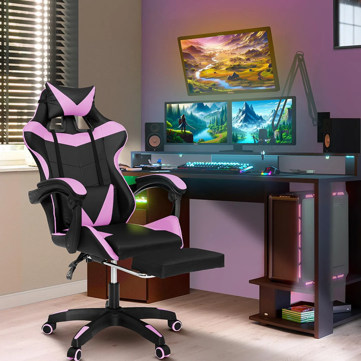 Fauteuil gamer noir et rose avec repose-pied + coussin tête et lombaire*IDMarket Outlet