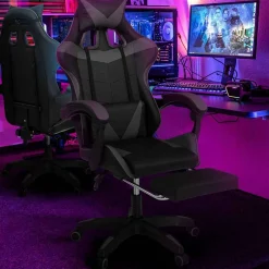 Fauteuil gamer réglable et inclinable avec repose-pied et coussins noir et gris*IDMarket Best