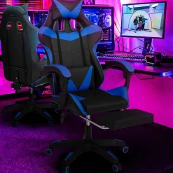Fauteuil gamer réglable et inclinable avec repose-pied et coussins noir et bleu*IDMarket New