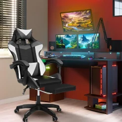 Fauteuil gamer réglable, inclinable avec repose-pied et coussins noir, blanc et gris*IDMarket Best