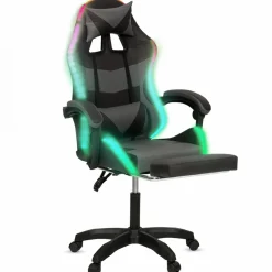Fauteuil gaming LED noir et gris avec repose-pied, coussin tête + lombaire*IDMarket Clearance