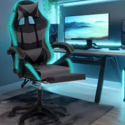 Fauteuil gaming LED noir et gris avec repose-pied, coussin tête + lombaire*IDMarket Clearance