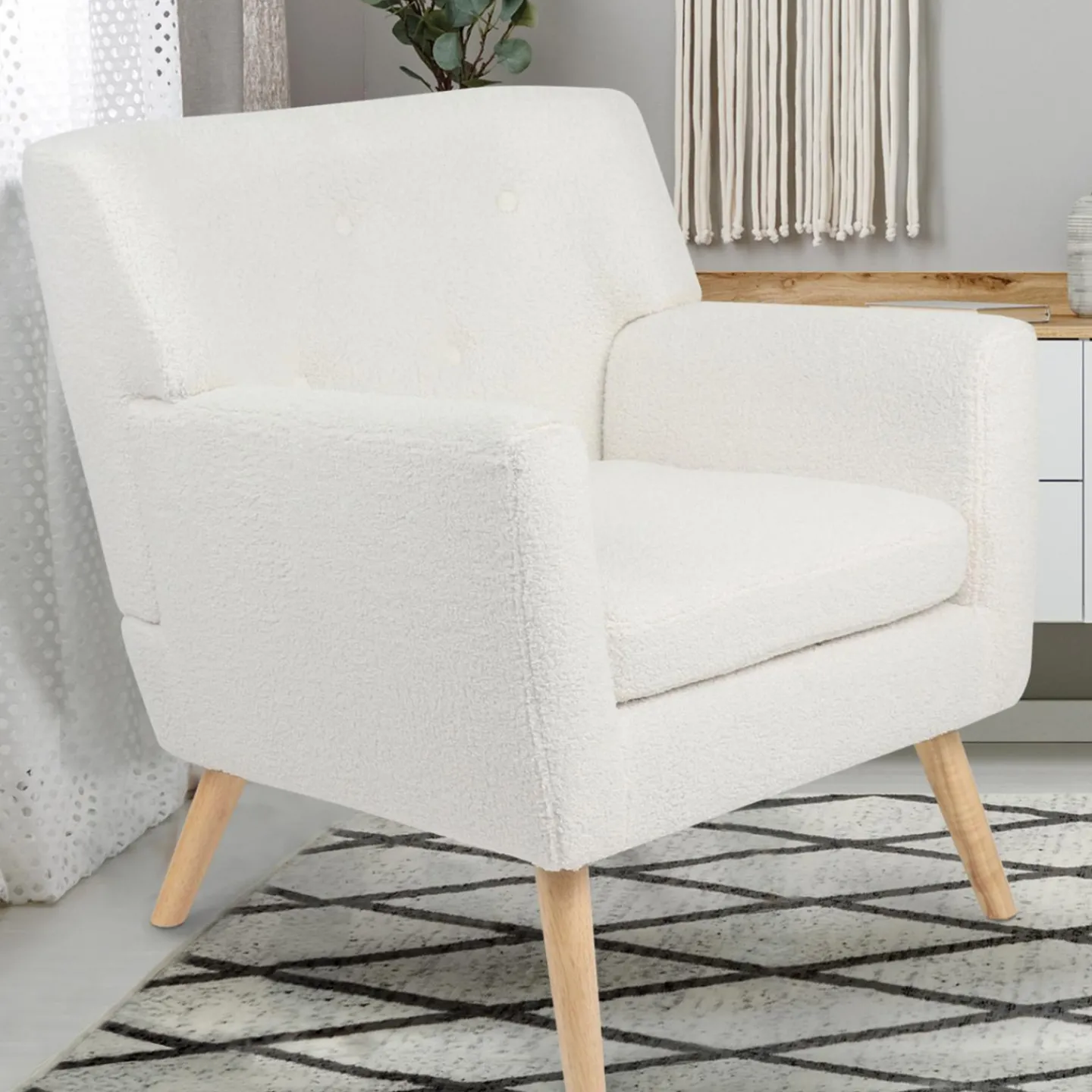 Fauteuil scandinave en tissu bouclette blanc*IDMarket Clearance