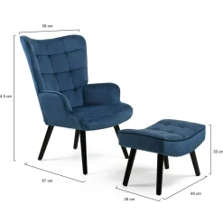 Fauteuil scandinave en velours bleu avec repose-pieds*IDMarket Sale