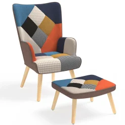 Fauteuil scandinave multicolore imprimé pied de poule avec repose pieds*IDMarket Online