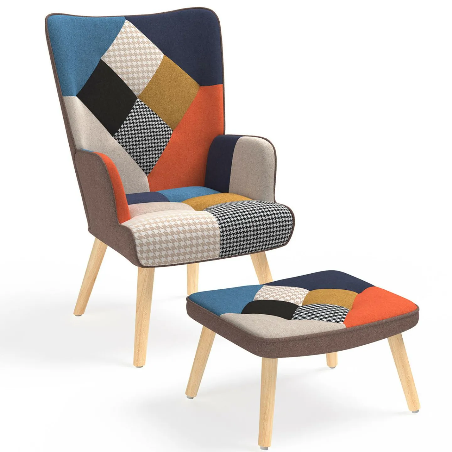 Fauteuil scandinave multicolore imprimé pied de poule avec repose pieds*IDMarket Online