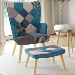 Fauteuil scandinave velours bleu et patchwork avec repose pied*IDMarket Outlet