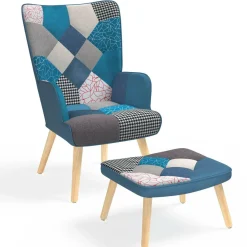 Fauteuil scandinave velours bleu et patchwork avec repose pied*IDMarket Outlet