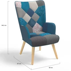 Fauteuil scandinave velours bleu et patchwork avec repose pied*IDMarket Outlet