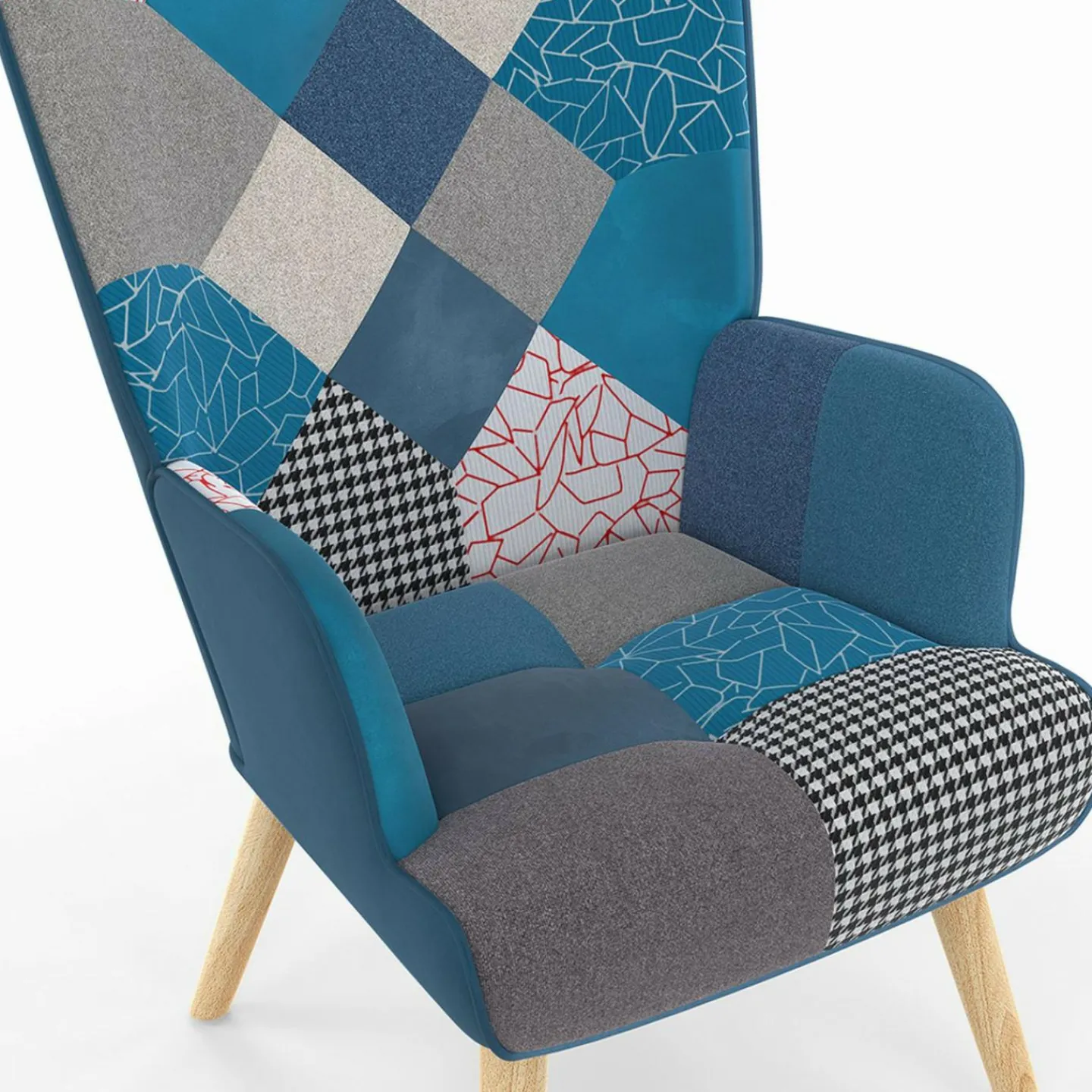 Fauteuil scandinave velours bleu et patchwork avec repose pied*IDMarket Outlet