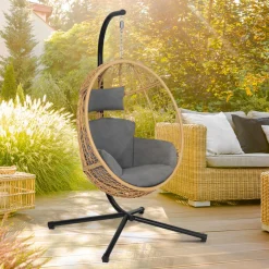 Fauteuil œuf suspendu effet rotin avec coussins gris*IDMarket Online