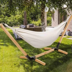 Hamac coloris écru en toile avec support bois*IDMarket