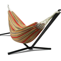 Hamac rayé rouge et jaune avec support métal*IDMarket Outlet