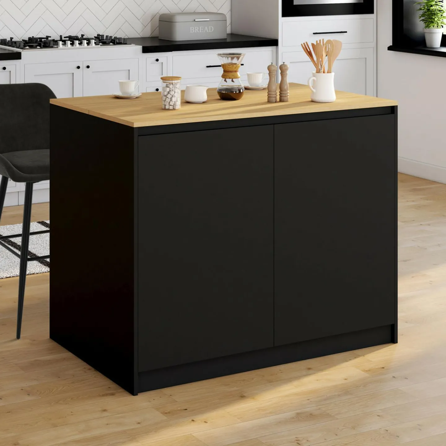 Ilot central 110 cm avec tablette relevable rectangulaire bois noir et façon hêtre*IDMarket Discount