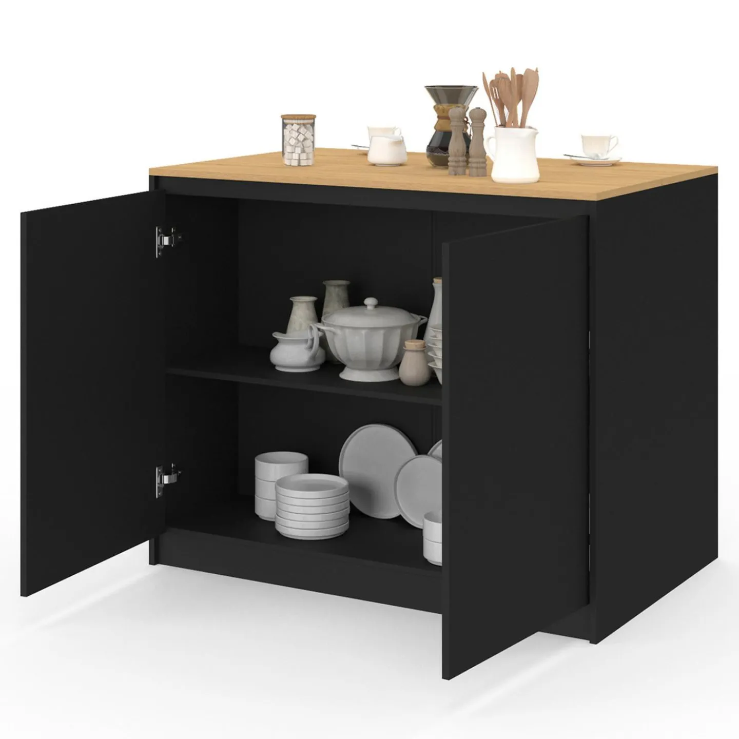 Ilot central 110 cm avec tablette relevable rectangulaire bois noir et façon hêtre*IDMarket Discount