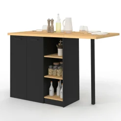 Ilot central 140 cm bois noir avec plan de travail façon hêtre*IDMarket Hot