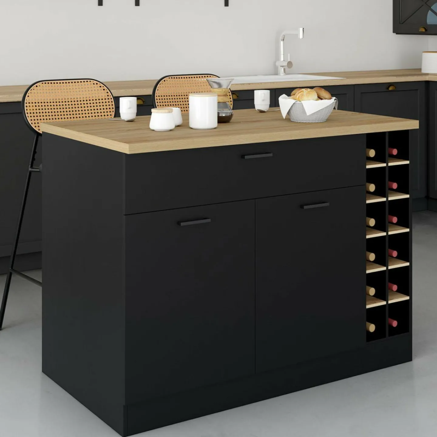 Ilot central avec range-bouteilles placard et tiroir bois noir avec plan de travail façon hêtre*IDMarket Discount