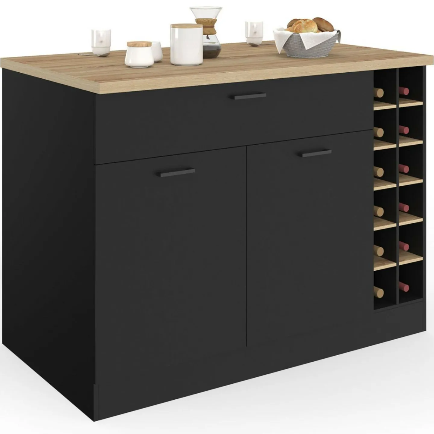 Ilot central avec range-bouteilles placard et tiroir bois noir avec plan de travail façon hêtre*IDMarket Discount
