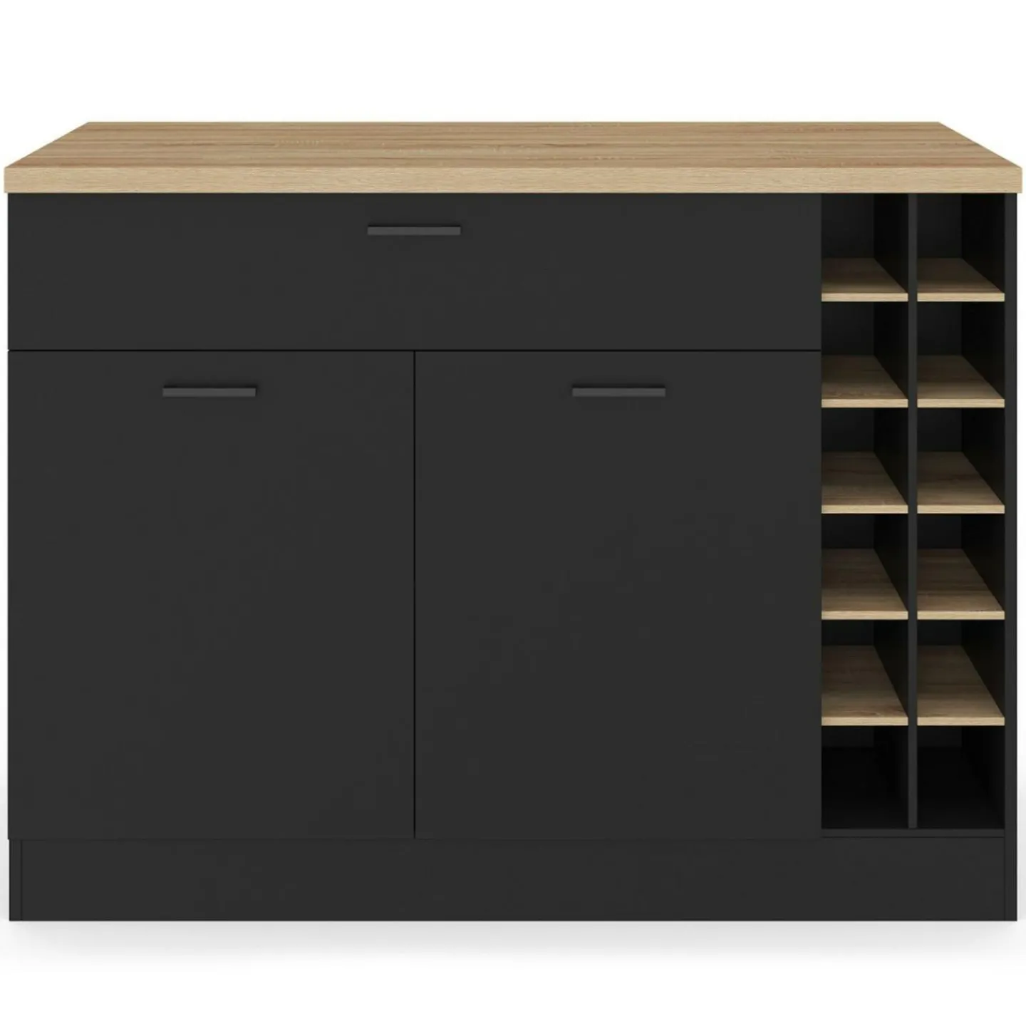 Ilot central avec range-bouteilles placard et tiroir bois noir avec plan de travail façon hêtre*IDMarket Discount