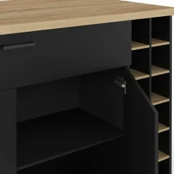 Ilot central avec range-bouteilles placard et tiroir bois noir avec plan de travail façon hêtre*IDMarket Discount
