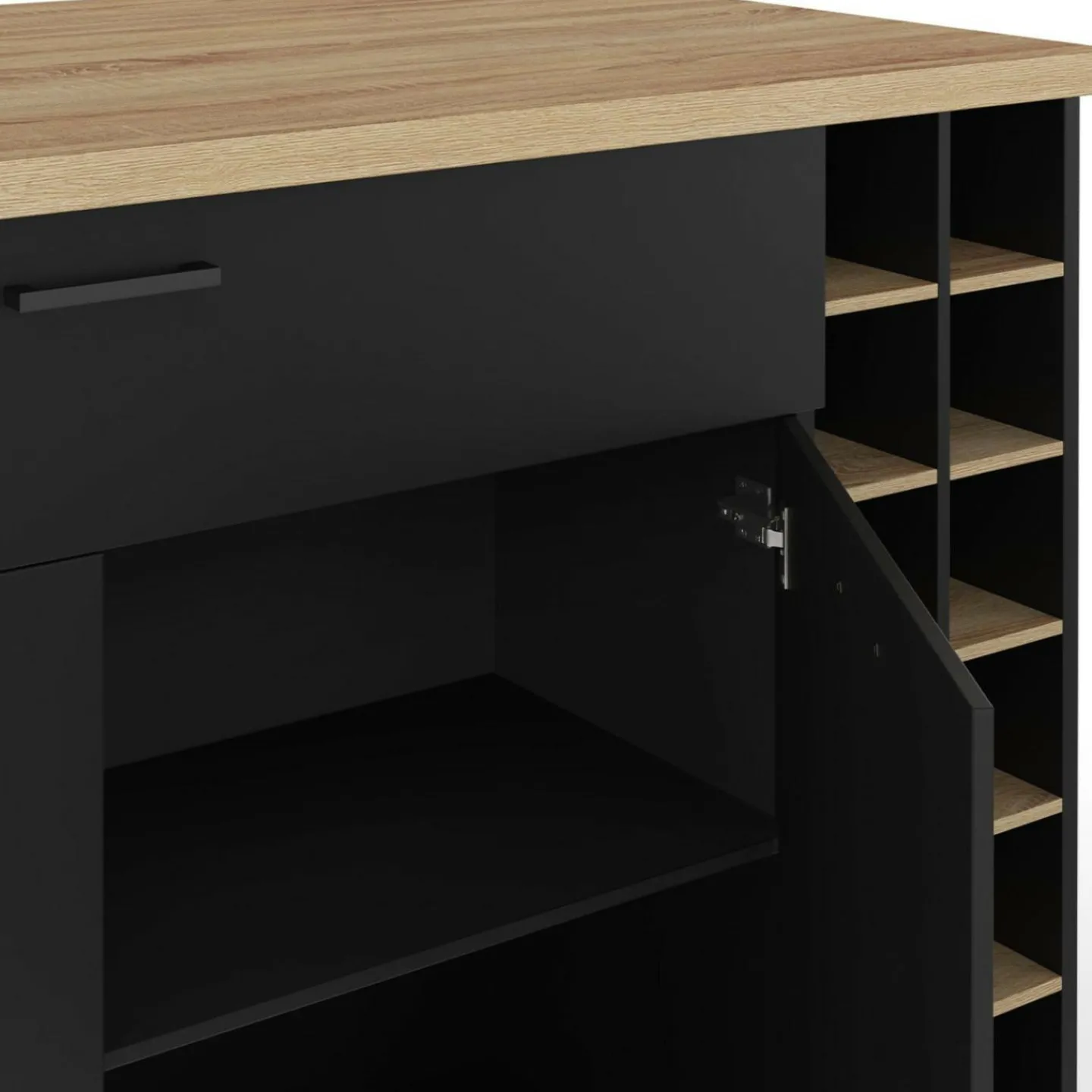 Ilot central avec range-bouteilles placard et tiroir bois noir avec plan de travail façon hêtre*IDMarket Discount
