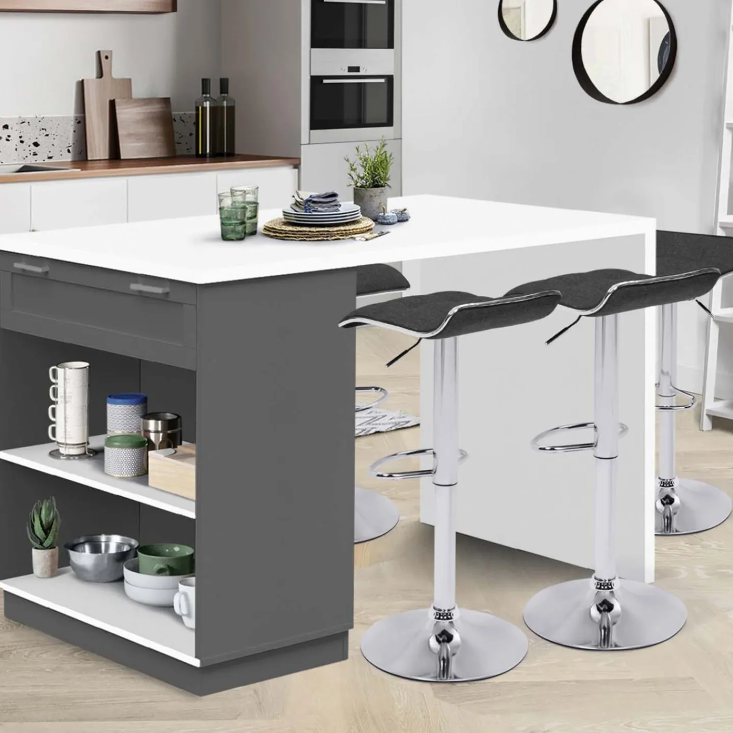 Ilot central blanc et gris 130 cm pour 4 personnes*IDMarket Hot