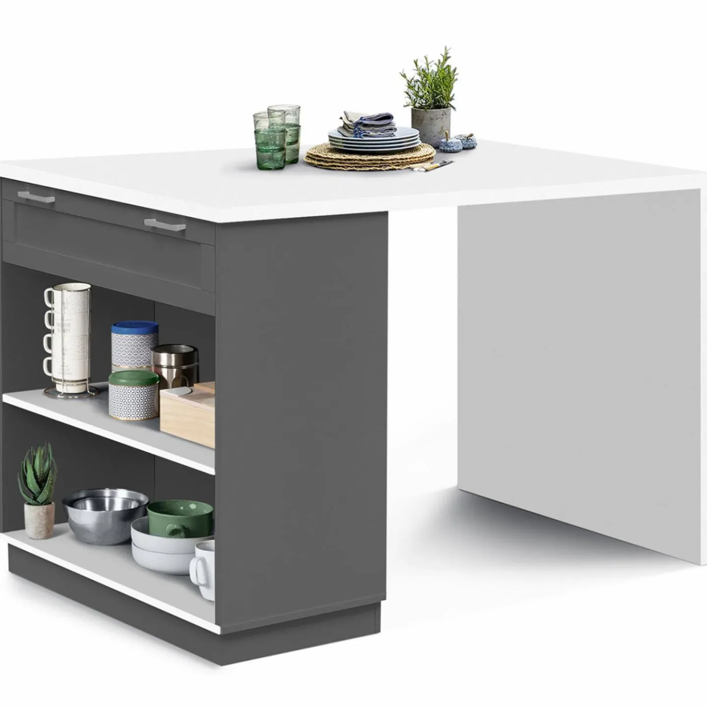 Ilot central blanc et gris 130 cm pour 4 personnes*IDMarket Hot