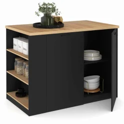 Ilot central bois noir avec plan de travail façon hêtre 120 cm*IDMarket Online