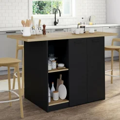 Ilot central bois noir avec plan de travail façon hêtre 140 cm 4 personnes avec rangement*IDMarket New