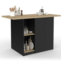 Ilot central bois noir avec plan de travail façon hêtre 140 cm 4 personnes avec rangement*IDMarket New