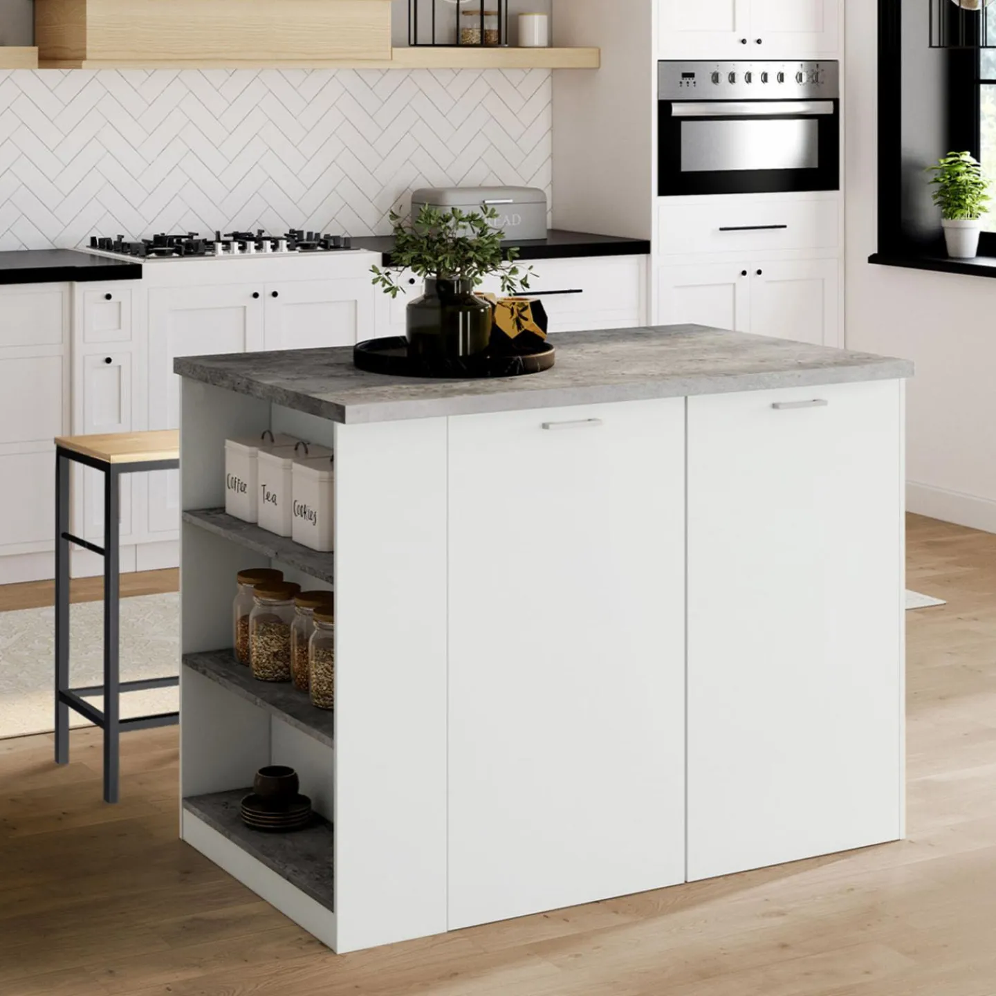 Ilot central de cuisine bois blanc et effet béton*IDMarket New