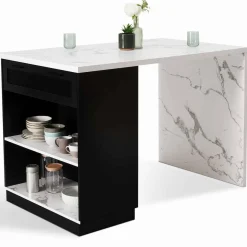 Ilot central effet marbre et noir 130 cm pour 4 personnes*IDMarket Discount