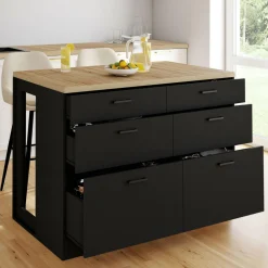 Ilot central mange-debout 120 cm casserolier 6 tiroirs noir et plateau bois*IDMarket Hot