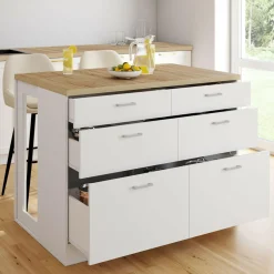 Ilot central mange-debout 120 cm casserolier 6 tiroirs blanc et plateau bois*IDMarket Hot