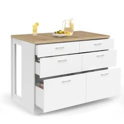 Ilot central mange-debout 120 cm casserolier 6 tiroirs blanc et plateau bois*IDMarket Hot