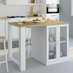 Ilot de cuisine central bois blanc 120 cm avec portes vitrées et rangements*IDMarket Online
