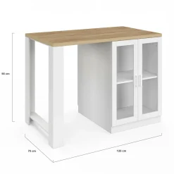 Ilot de cuisine central bois blanc 120 cm avec portes vitrées et rangements*IDMarket Online