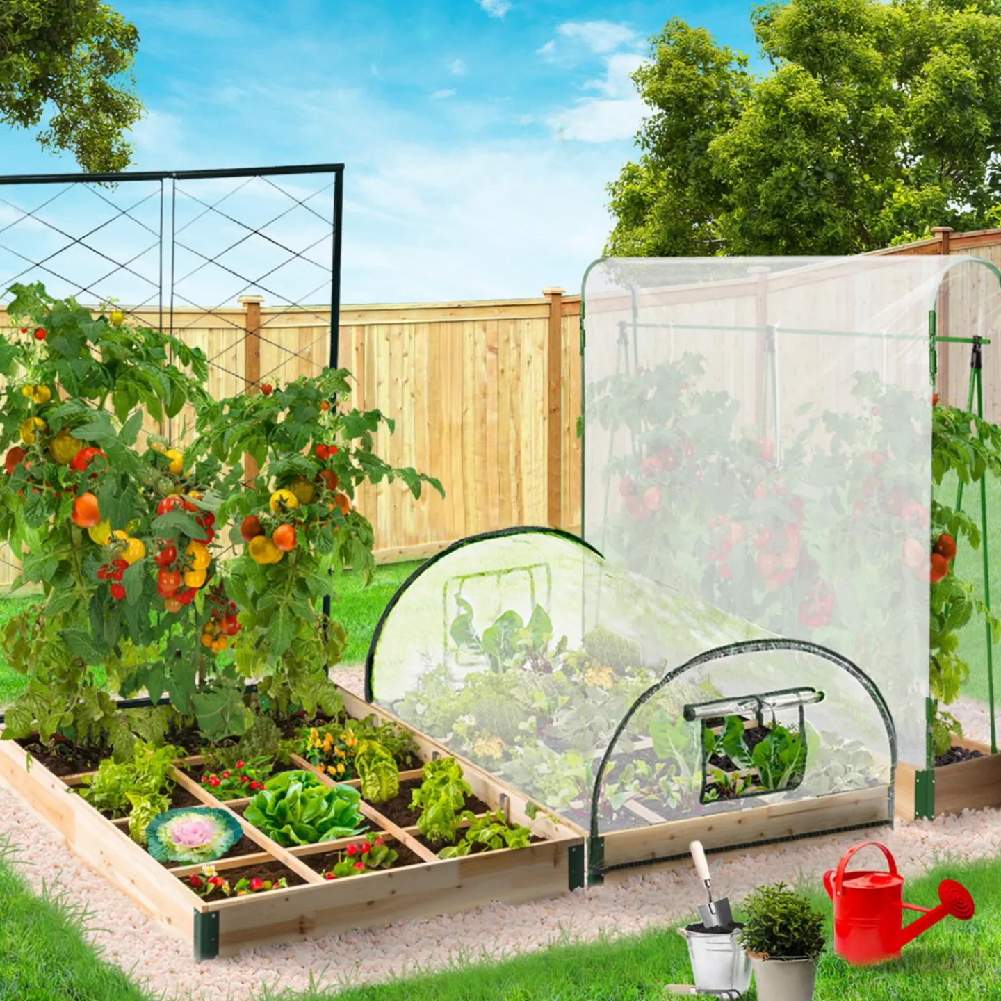 Kit complet 3 carrés potager et serre à tomates + treillis + housse*IDMarket Online