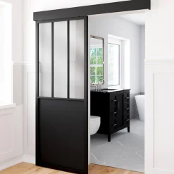Kit porte coulissante verrière industrielle noire et verre trempé*IDMarket Sale