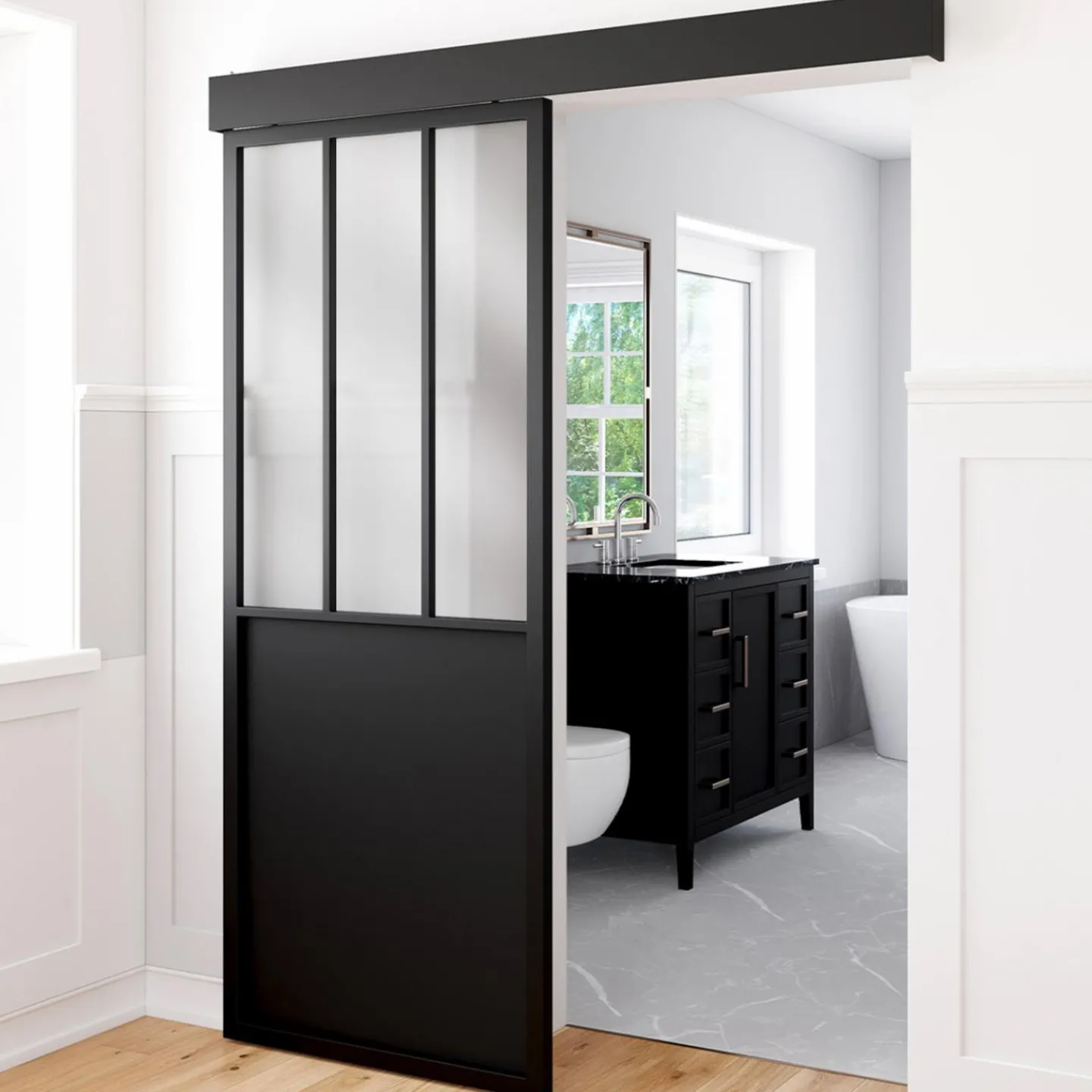 Kit porte coulissante verrière industrielle noire et verre trempé*IDMarket Sale